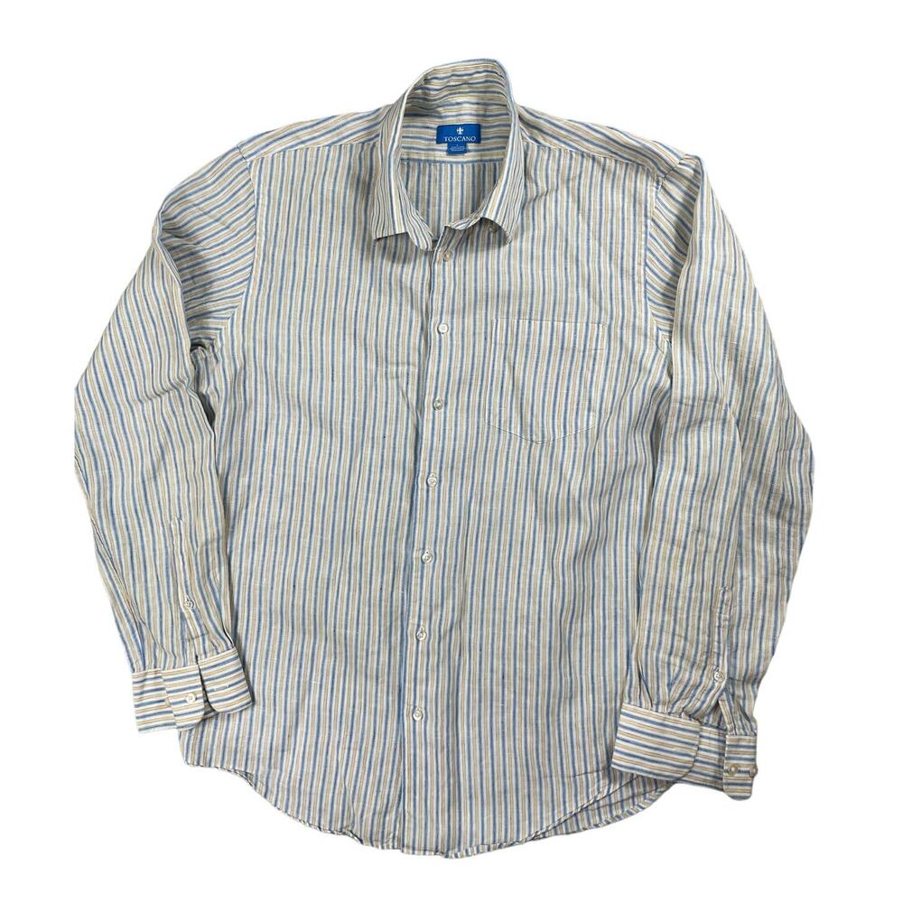Toscano Mens Size L Blue Tan Striped 100% Linen Button Up Shirt